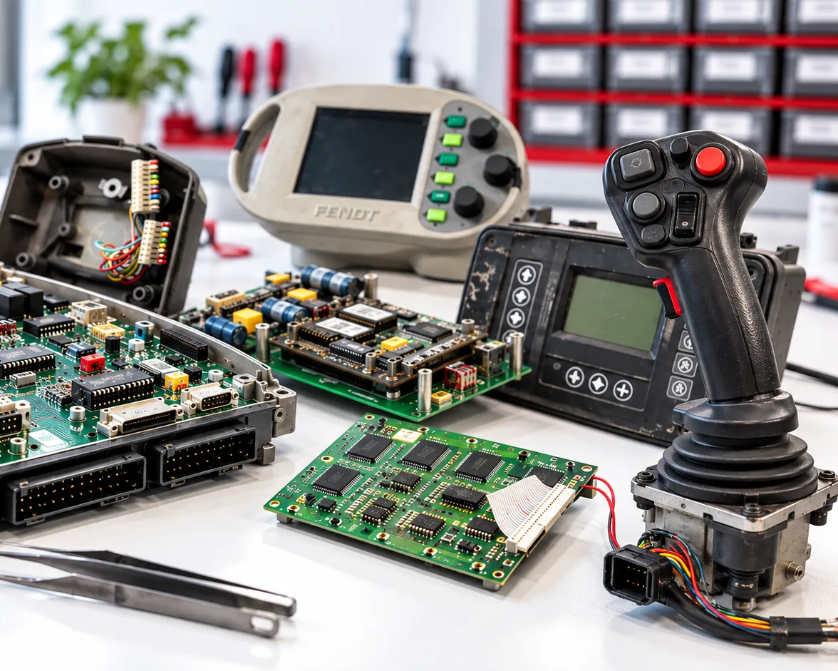 Krmilna elektronika, krmilniki in joystick na delovni mizi v servisu.