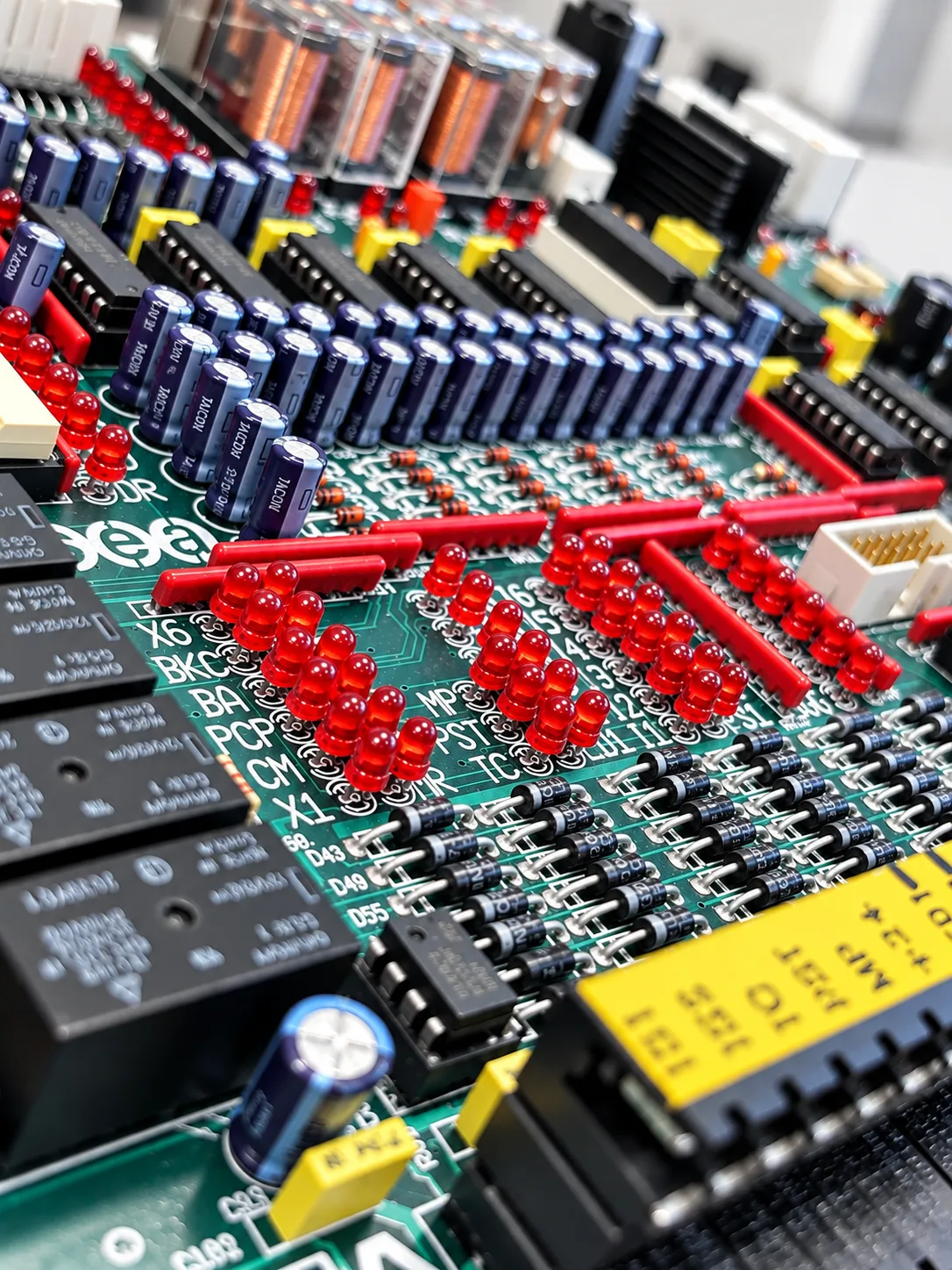 Bližnji posnetek industrijskega tiskanega vezja z elektronskimi komponentami.