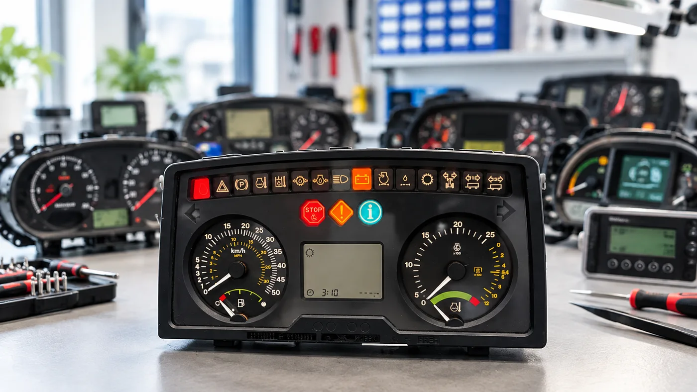 Elektronski merilni moduli in instrumentne plošče na delovni mizi v servisu.